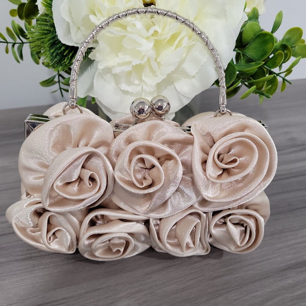 Elegant Latte Satin Roses Wedding Party Clutch Purse w/Rhinestone Handle & Chain - Picture 1 of 7